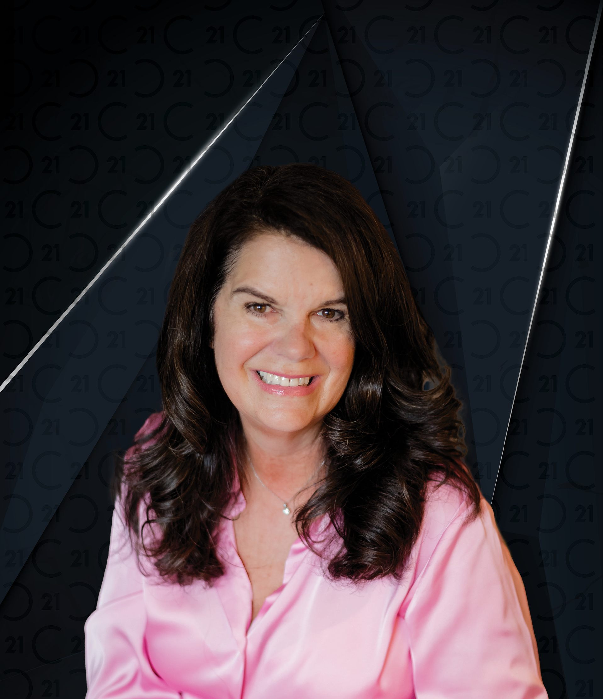 Professional photo of Angela Marshall, a smiling woman with long, dark wavy hair, wearing a light pink satin blouse. Her name 'Angela Marshall' appears in bold white text to the right. The background is dark with a subtle Century 21 logo pattern and diagonal design elements, featuring the 'CENTURY 21' logo in the top right corner.