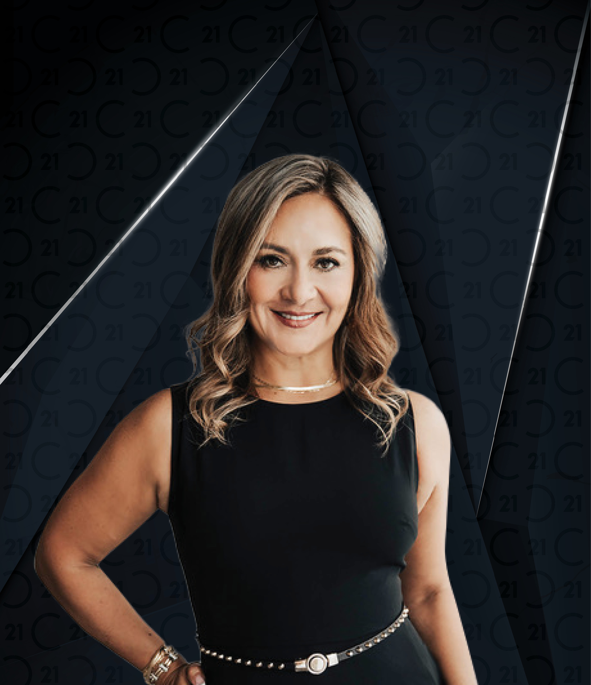 Professional photo of Sandra Pineda, a smiling woman with wavy, shoulder-length blonde hair, wearing a sleeveless black dress accessorized with a thin black and gold belt and jewelry. Her name 'Sandra Pineda' appears in bold white text to the right. The background is dark with a subtle Century 21 logo pattern and diagonal design elements, featuring the 'CENTURY 21' logo in the top right corner.