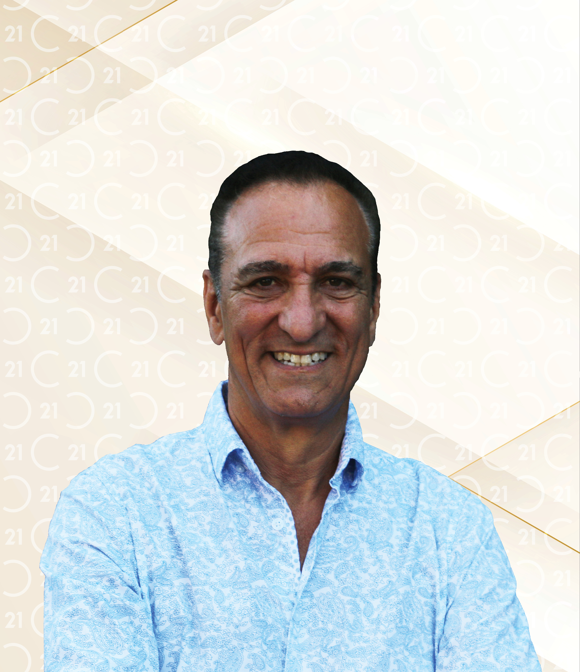 Professional photo of Tony Scarpelli, a smiling man with short dark hair wearing a light blue patterned button-up shirt with rolled-up sleeves. His arms are crossed, and he is accessorized with bracelets and a watch. His name 'Tony Scarpelli' appears in bold black text to the right. The background is light with a subtle Century 21 logo pattern and gold diagonal accents, with the 'CENTURY 21' logo in the top right corner.