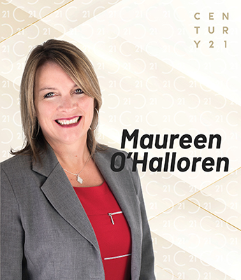 "Professional photo of Maureen O’Halloren, a smiling woman with straight, shoulder-length light brown hair, wearing a grey blazer over a red top and a silver necklace. Her name 'Maureen O’Halloren' appears in bold black text to the right. The background is light with a subtle Century 21 logo pattern and gold diagonal accents, featuring the 'CENTURY 21' logo in the top right corner.