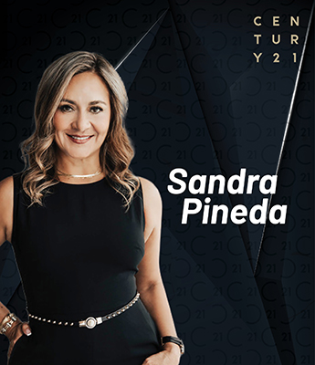 Professional photo of Sandra Pineda, a smiling woman with wavy, shoulder-length blonde hair, wearing a sleeveless black dress accessorized with a thin black and gold belt and jewelry. Her name 'Sandra Pineda' appears in bold white text to the right. The background is dark with a subtle Century 21 logo pattern and diagonal design elements, featuring the 'CENTURY 21' logo in the top right corner.