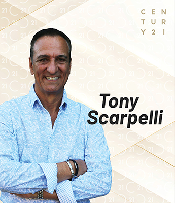 Professional photo of Tony Scarpelli, a smiling man with short dark hair wearing a light blue patterned button-up shirt with rolled-up sleeves. His arms are crossed, and he is accessorized with bracelets and a watch. His name 'Tony Scarpelli' appears in bold black text to the right. The background is light with a subtle Century 21 logo pattern and gold diagonal accents, with the 'CENTURY 21' logo in the top right corner.